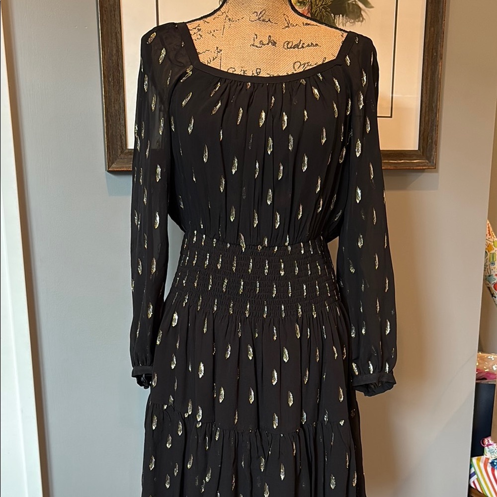 Rebecca Taylor Black Gold Bishop Sleeve Dress with Smocked Waist